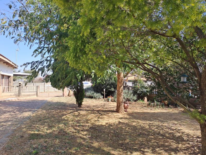 A view of the front garden area featuring mature trees, a paved driveway, and boundary walling.