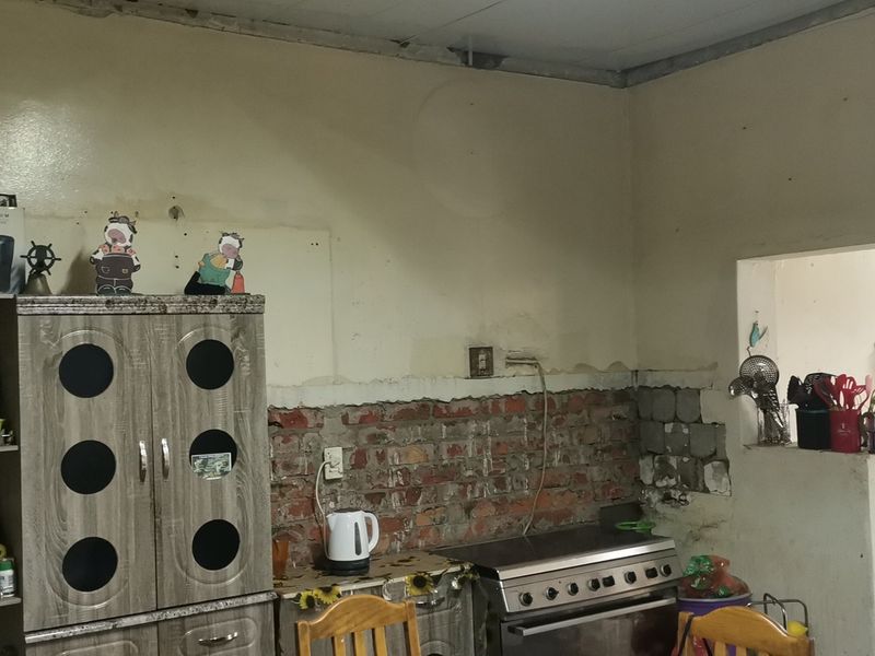A kitchen area featuring an exposed brick wall, freestanding stove, and double sink, currently requiring significant renovation and finishing of wall surfaces.