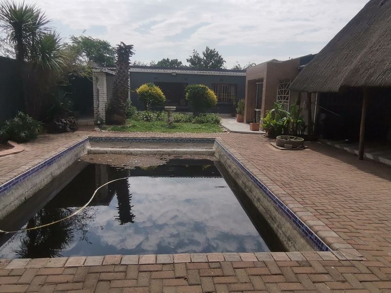 Outdoor pool area featuring a swimming pool, brick paved surround, and a thatched lapa structure, requiring maintenance and pool restoration.