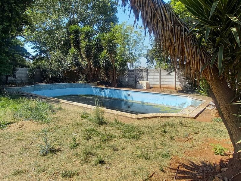 Outdoor pool area featuring a swimming pool and perimeter boundary wall, currently requiring significant maintenance and landscaping attention.