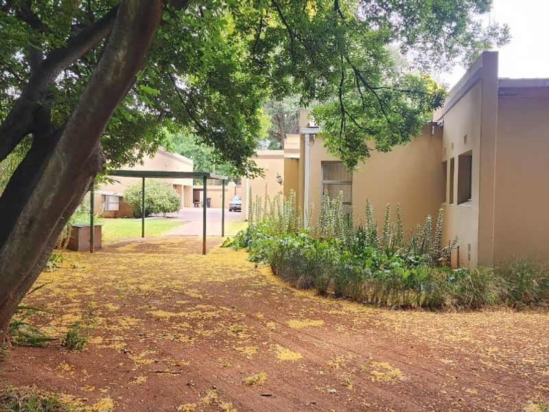 A view of the rear exterior of the property featuring a carport, paved driveway, and established garden area.