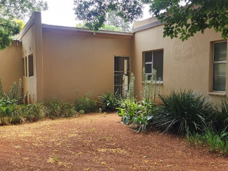 Rear exterior view of the property featuring a garden area, security bars on windows, and painted masonry walls.