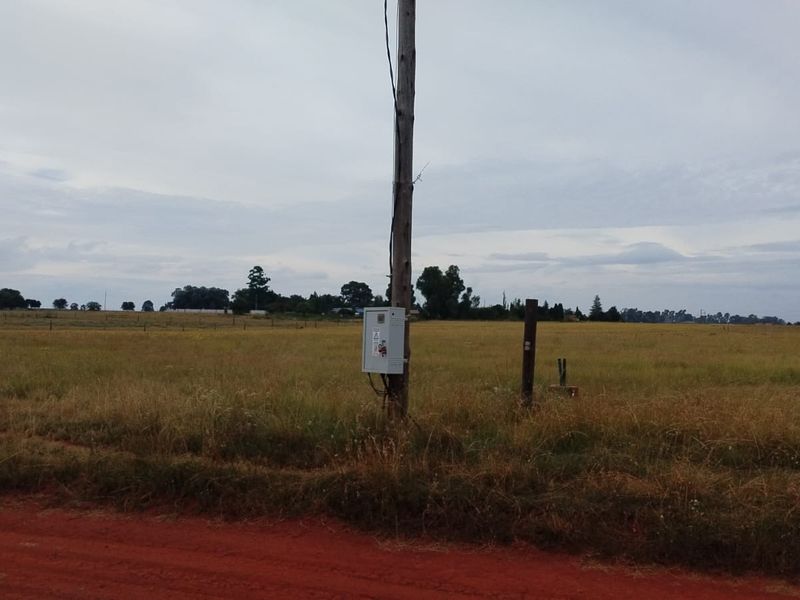 Open land view featuring a utility pole with an electrical distribution box, situated along a dirt road on the small holding.