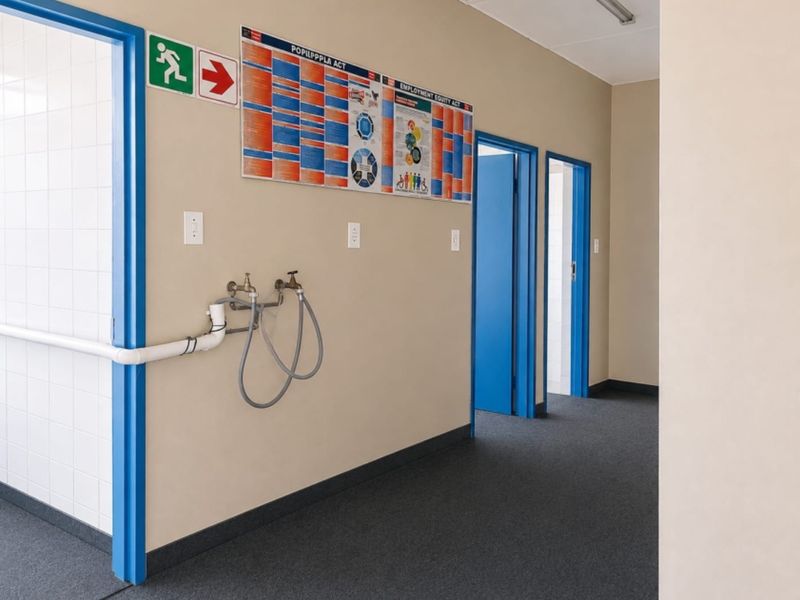 A functional office hallway featuring carpeted flooring, multiple doorways, and exposed utility plumbing fixtures on the wall.