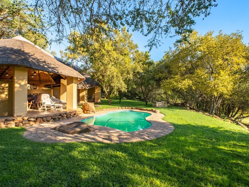A serene outdoor pool area featuring a kidney-shaped swimming pool, stone-paved surround, and a charming thatched-roof covered patio set within a lush garden.