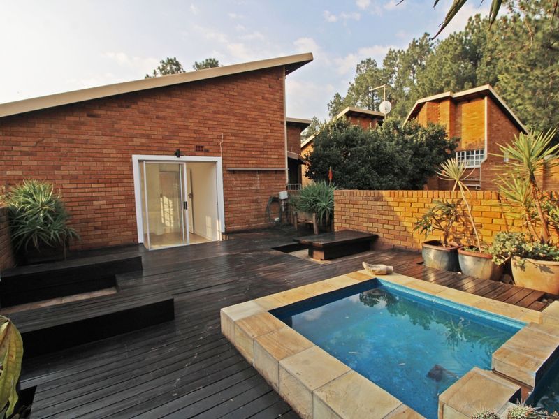 Outdoor entertainment area featuring a timber deck, a small plunge pool with stone coping, and a private brick-walled courtyard.