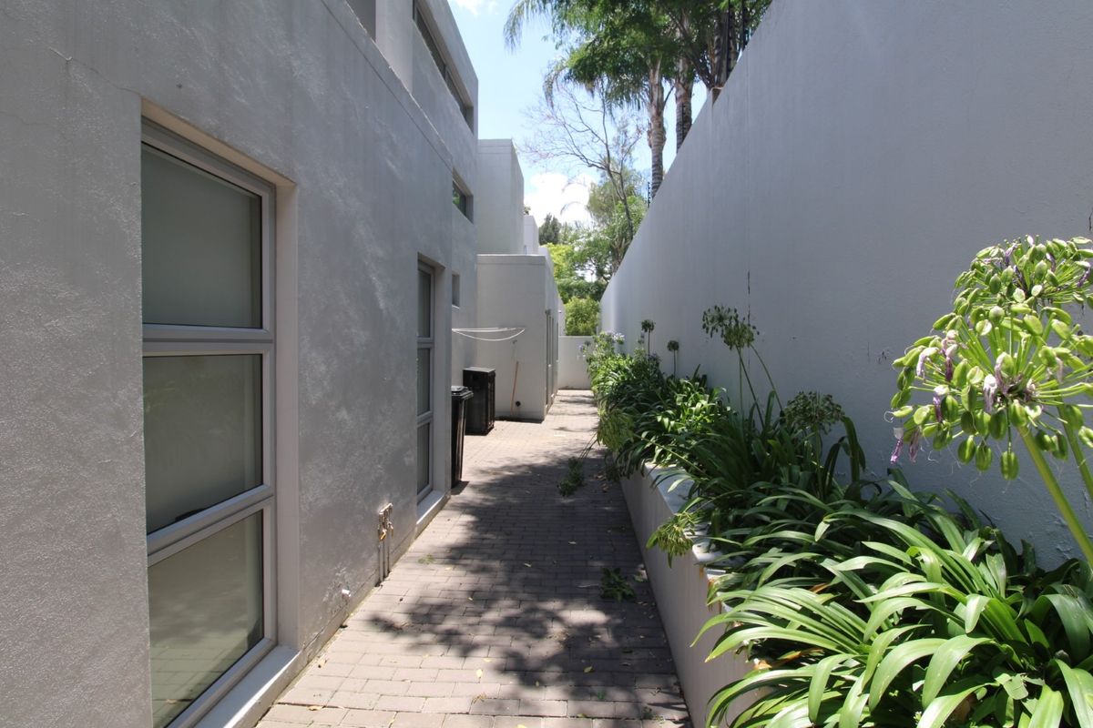 A side passage featuring a paved walkway, retaining wall with established garden beds, and modern aluminium window frames along the building exterior.