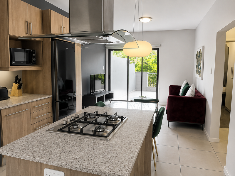 Modern open-plan kitchen and living area featuring a central island with gas hob, stone countertops, and direct access to a private balcony.