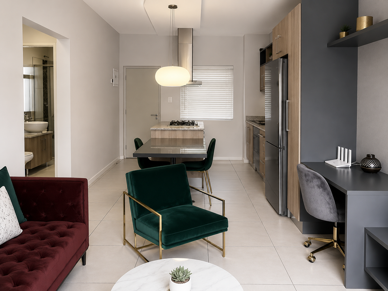 Modern open-plan living area featuring a sleek kitchen with built-in cabinetry, a functional workspace, and neutral tiled flooring throughout.