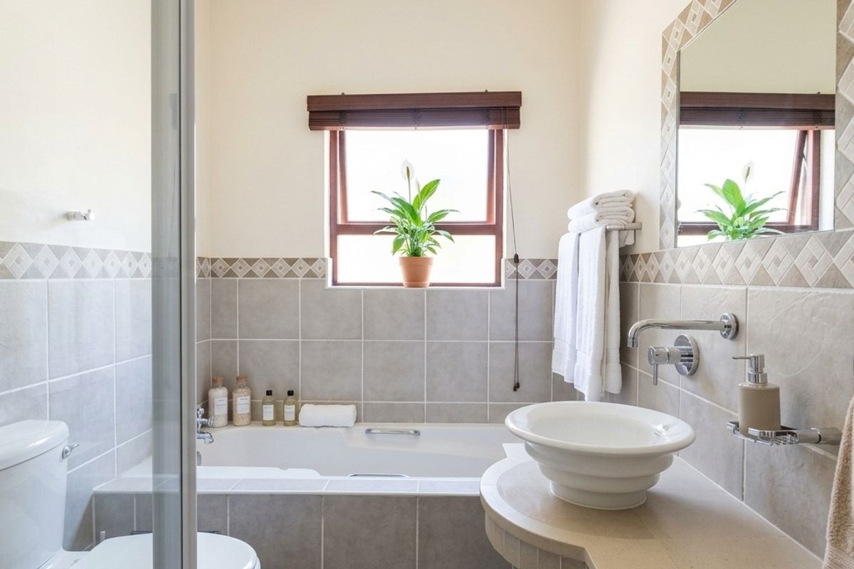A well-maintained bathroom featuring a built-in bathtub, a modern vessel sink with wall-mounted tap, and neutral tiled finishes.