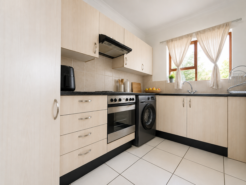 A well-maintained kitchen featuring light wood-finish cabinetry, a built-in oven with extractor fan, tiled backsplash, and neutral floor tiles.