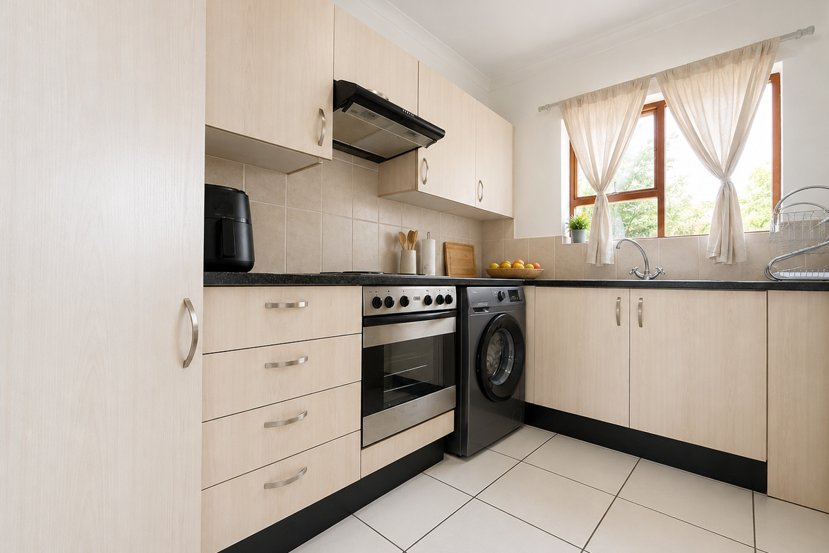 A well-maintained kitchen featuring light wood-finish cabinetry, a built-in oven with extractor fan, tiled backsplash, and neutral floor tiles.
