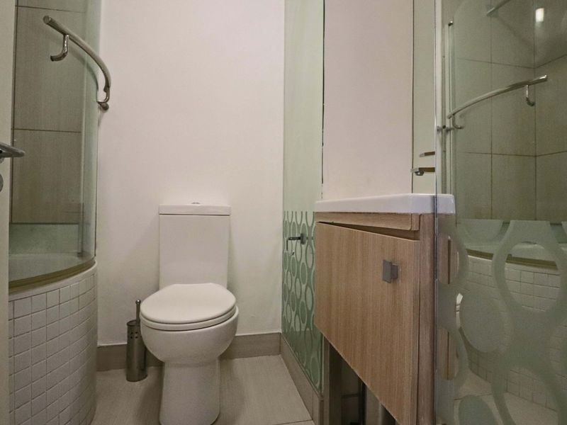 Compact bathroom featuring a shower enclosure, modern toilet, and a vanity cabinet with an integrated basin.