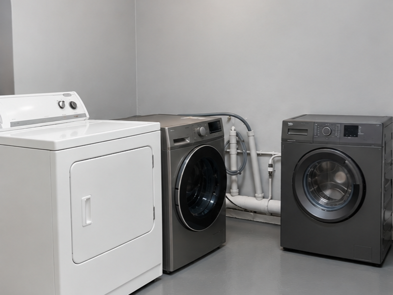 A clean and functional laundry room featuring grey painted walls, smooth flooring, and exposed plumbing connections for appliances.