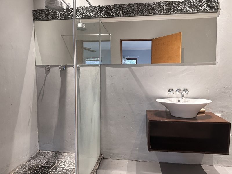 Modern bathroom featuring a glass-enclosed shower with pebble flooring, a floating vanity with a vessel basin, and a large wall mirror with pebble detailing.