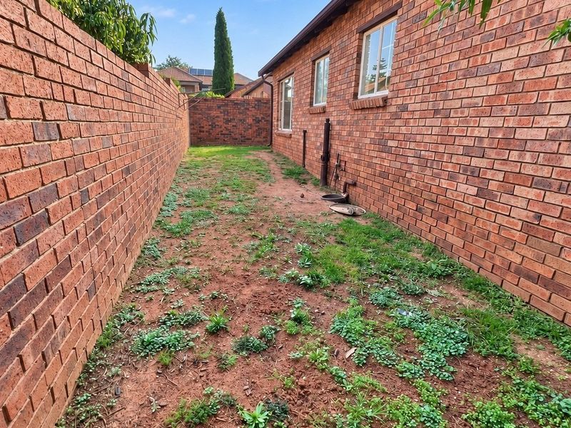 A narrow side yard or rear exterior space featuring brick walls and windows, currently requiring landscaping and ground maintenance.
