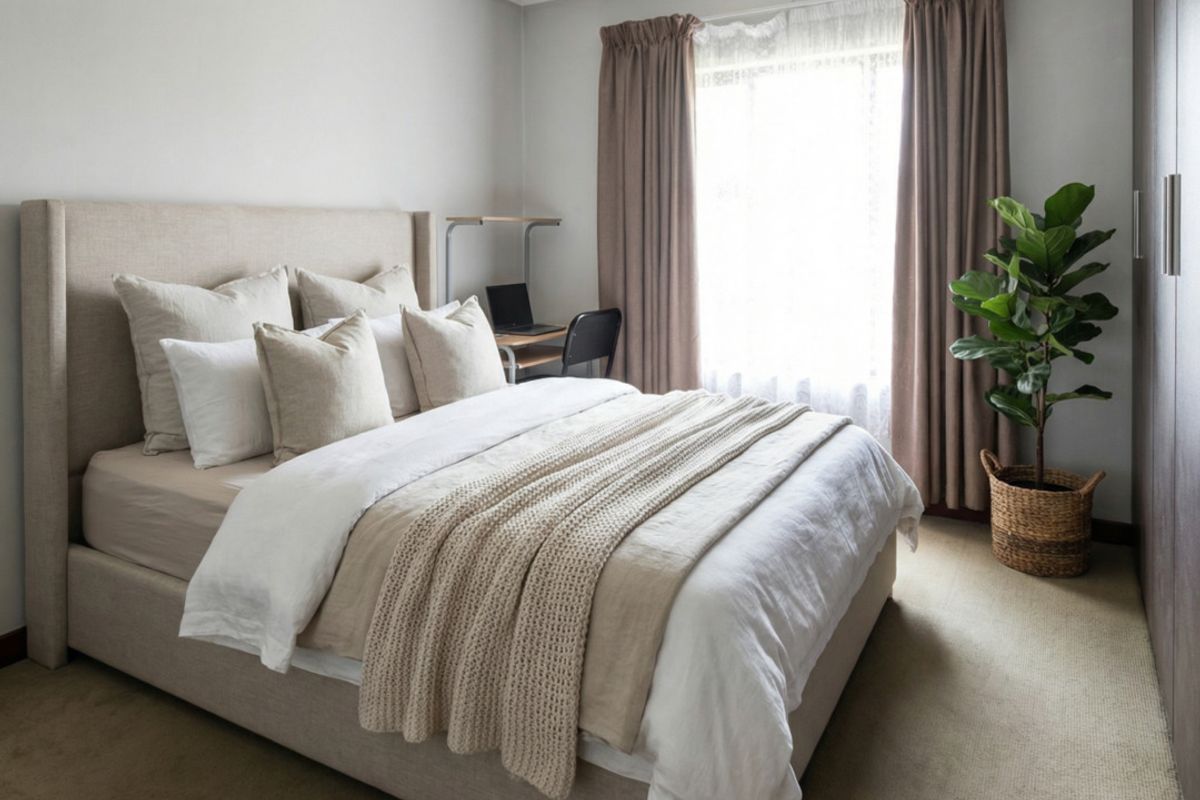 A well-maintained bedroom featuring neutral wall tones, fitted carpet flooring, and built-in storage cupboards, offering a clean and comfortable living space.