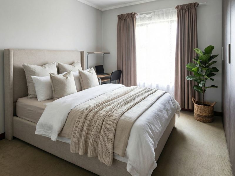 A well-maintained bedroom featuring neutral wall tones, fitted carpet flooring, and built-in storage cupboards, offering a clean and comfortable living space.