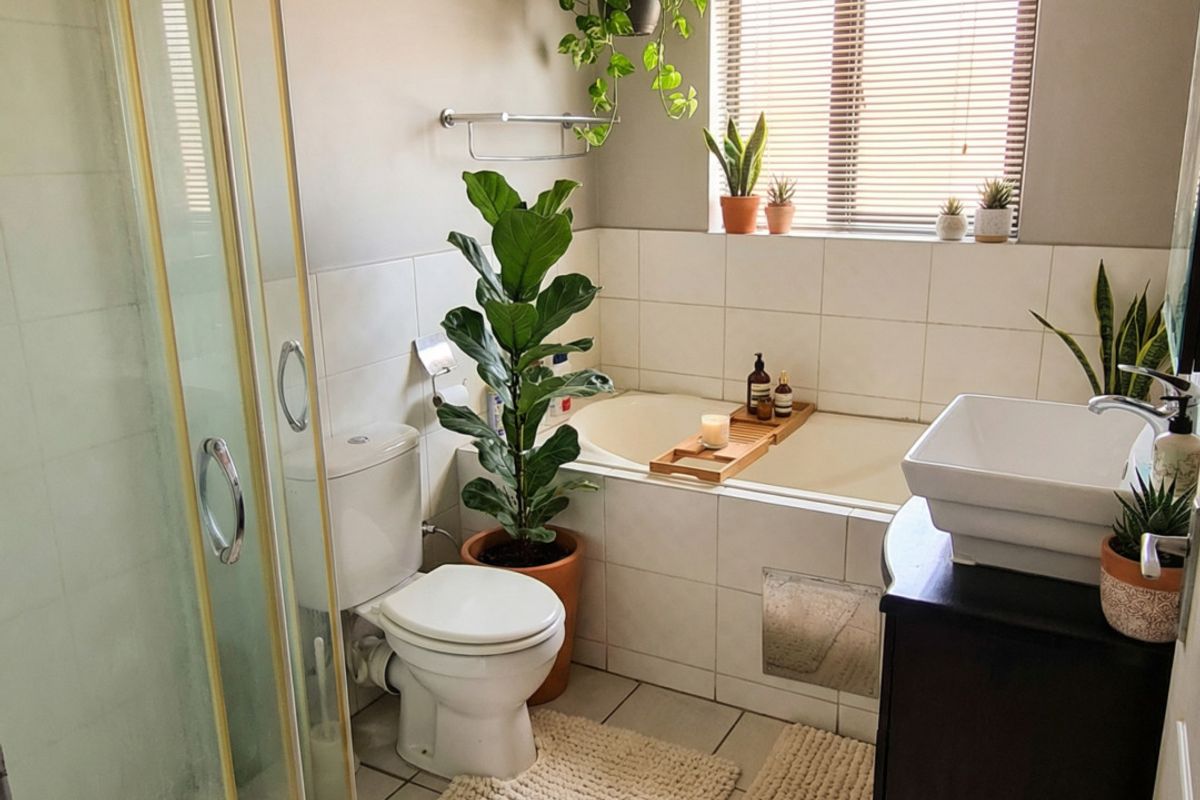 A functional bathroom featuring a shower enclosure, built-in bathtub, toilet, and a modern vessel sink set on a vanity cabinet.