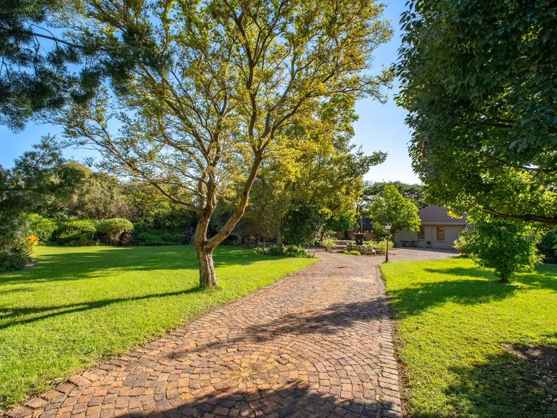A beautifully landscaped garden featuring a curved cobblestone driveway, mature trees, and a central water feature, providing a serene and well-maintained outdoor space.