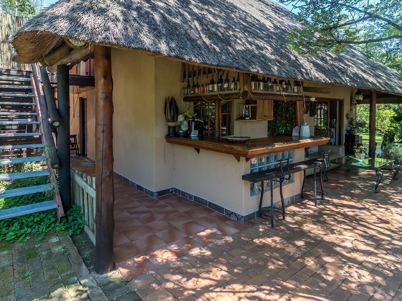 Covered outdoor patio area featuring a rustic thatched roof, built-in bar counter with glass block detailing, and adjacent timber staircase.