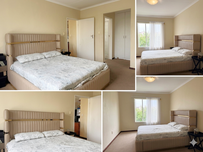 A bedroom featuring built-in cupboards and carpeted flooring, presented in a multi-view collage format.