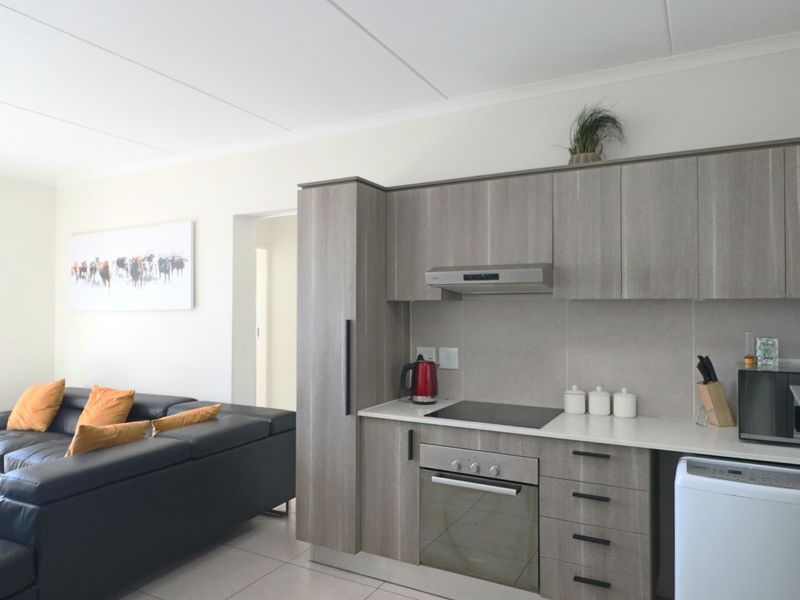 Modern open-plan living area featuring a contemporary kitchen with wood-grain cabinetry, stone countertops, and integrated appliances, seamlessly flowing into the lounge space.