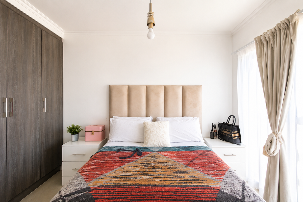 A well-maintained bedroom featuring a large built-in wardrobe, crown molding, and a central pendant light fixture, offering a clean and functional living space.