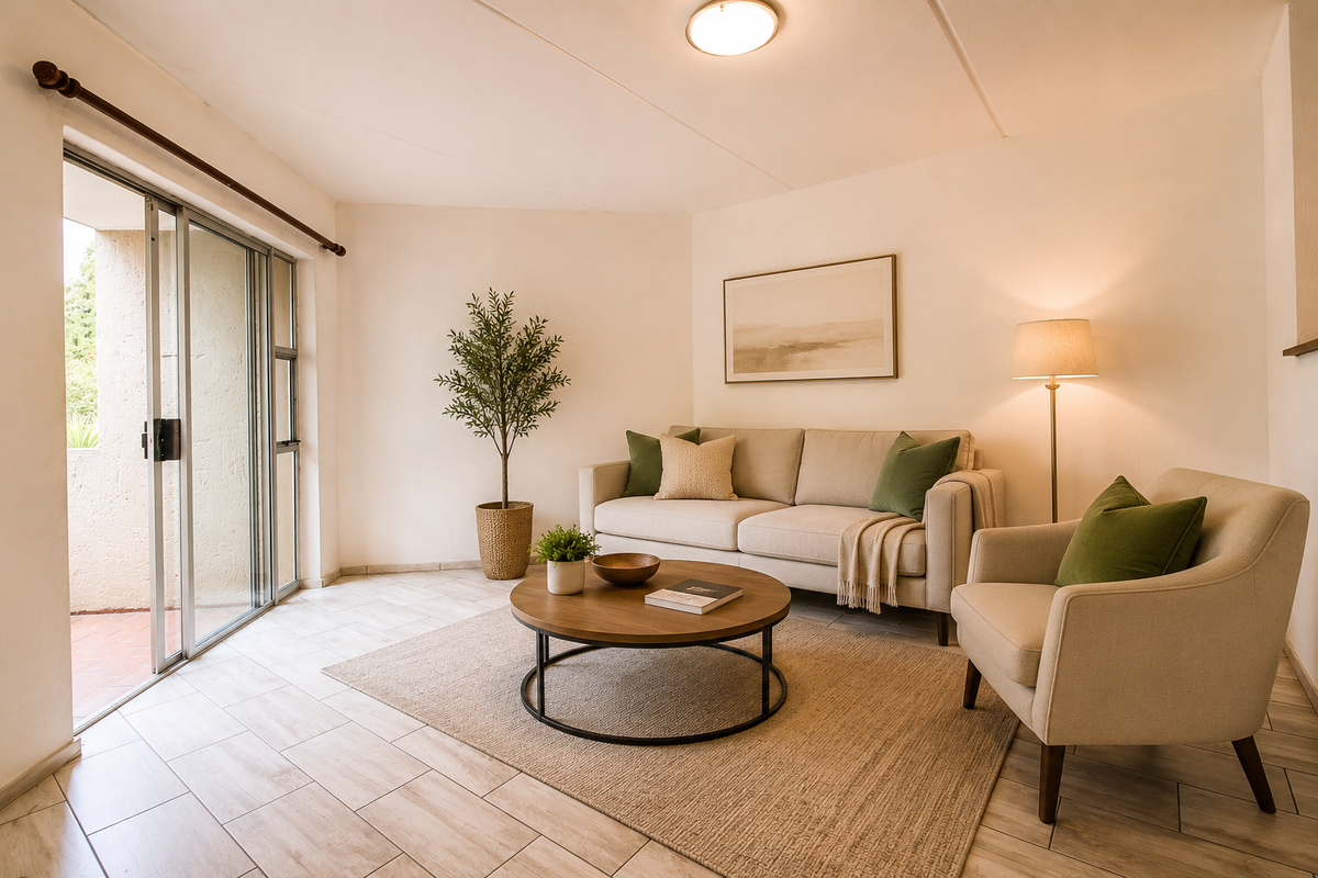 A bright and well-maintained living room featuring neutral tiled flooring and a large sliding glass door providing access to an outdoor area.