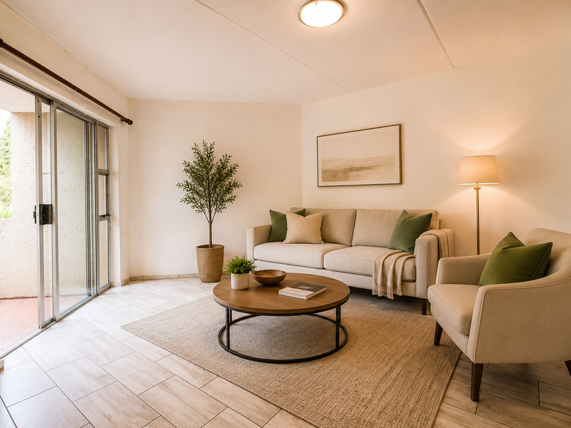 A bright and well-maintained living room featuring neutral tiled flooring and a large sliding glass door providing access to an outdoor area.