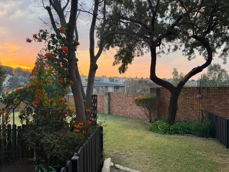 A well-maintained private garden featuring a brick boundary wall, established trees, and a lawn area at sunset.