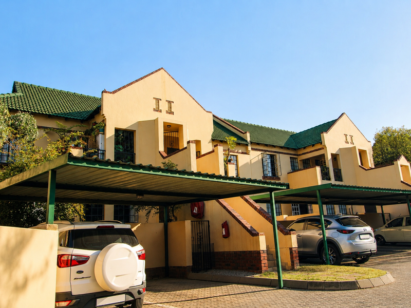 Front elevation of an apartment complex featuring covered parking bays, tiled roofing, and accessible staircases leading to upper-level balconies.