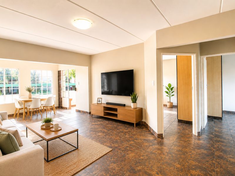 Spacious open-plan living and dining area featuring tiled flooring, natural light through grid windows, and seamless flow into the hallway and adjacent rooms.