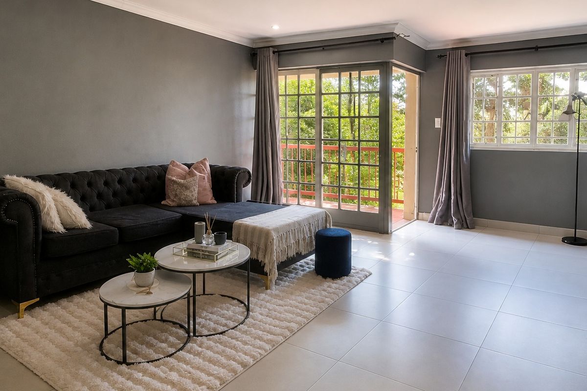 A bright and modern living room featuring neutral tiled floors, recessed lighting, and direct access to a private balcony through sliding glass doors.
