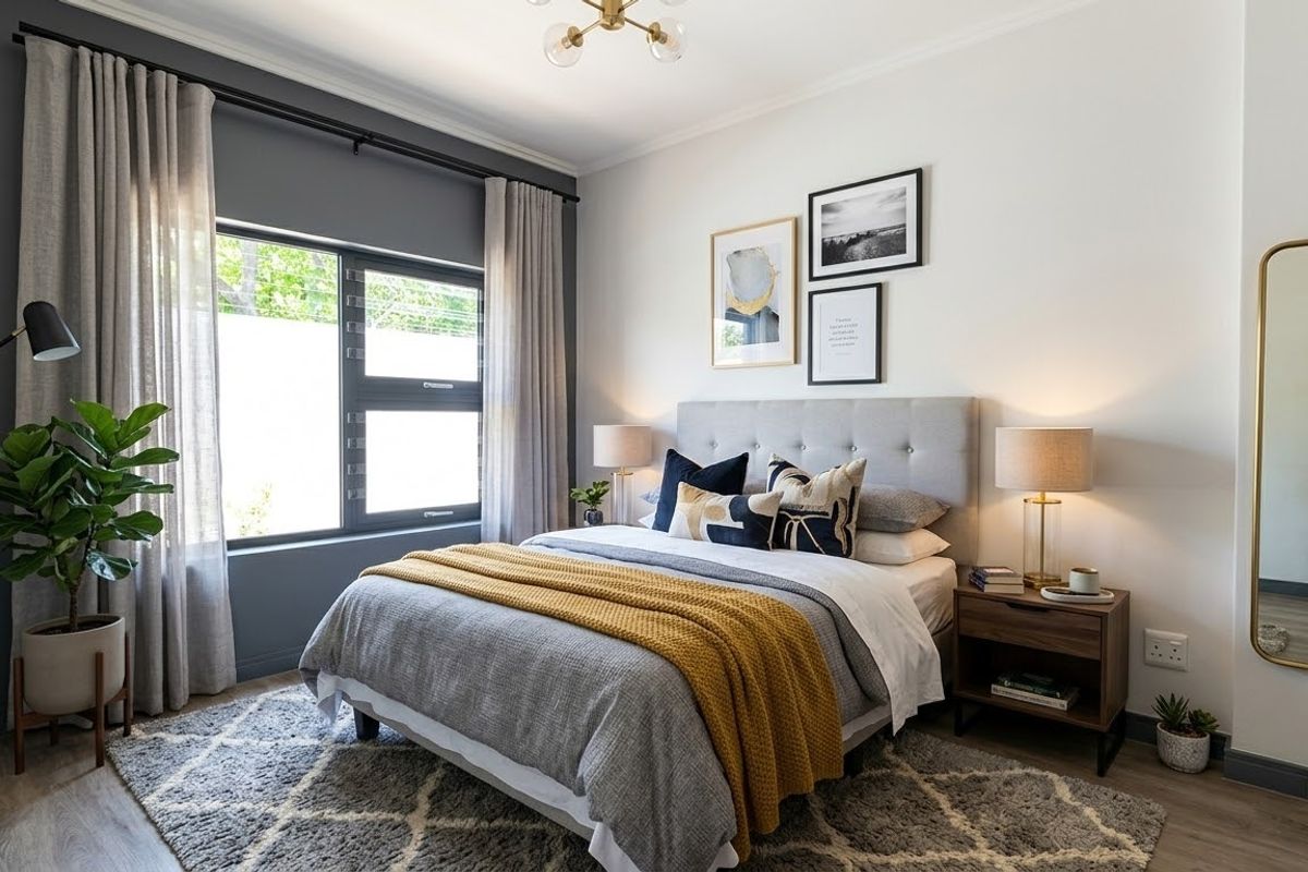 A well-appointed bedroom featuring modern laminate flooring, a large aluminium-framed window, and a built-in wardrobe, finished with contemporary neutral tones.
