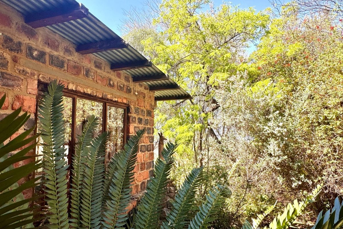 A rustic exterior view of a brick building featuring a corrugated metal roof and large windows, surrounded by lush garden foliage.