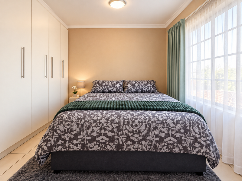 A well-maintained bedroom featuring floor-to-ceiling built-in cupboards, neutral wall finishes, and a large window allowing for ample natural light.