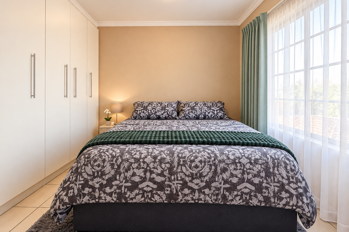 A well-maintained bedroom featuring floor-to-ceiling built-in cupboards, neutral wall finishes, and a large window allowing for ample natural light.