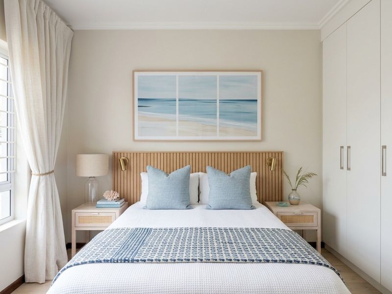 A well-maintained bedroom featuring a custom slatted timber headboard, integrated wall lighting, and ample built-in wardrobe storage.