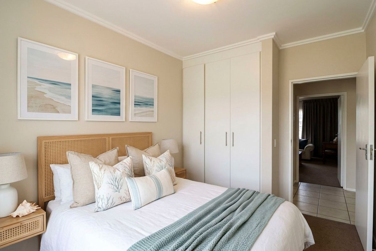 A well-maintained bedroom featuring neutral walls, crown molding, carpeted flooring, and a spacious built-in wardrobe.