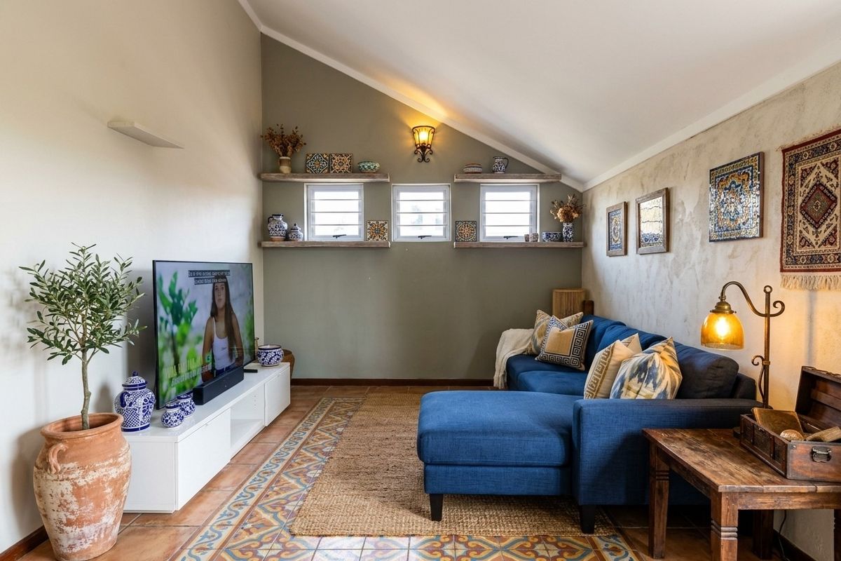 A cozy living room featuring a vaulted ceiling, terracotta flooring with decorative borders, louvered windows, and built-in shelving.