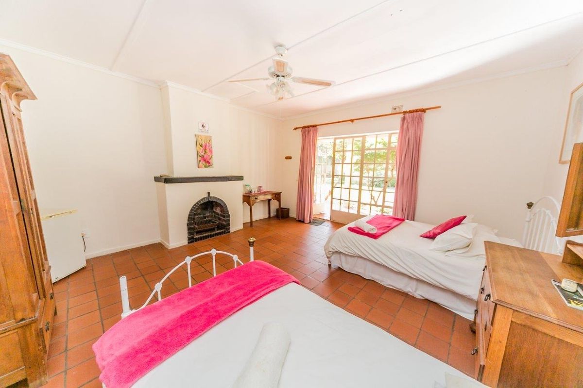 Spacious bedroom featuring terracotta floor tiles, a built-in fireplace, ceiling fan, and direct access to the outdoors through glass-paned french doors.