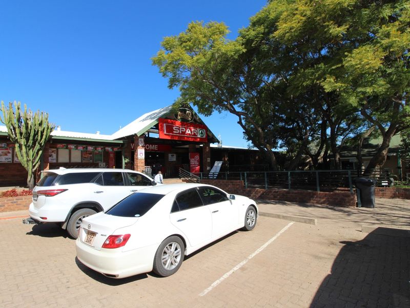 Front exterior view of a retail property featuring brick facade, metal roofing, and paved parking area with mature trees.