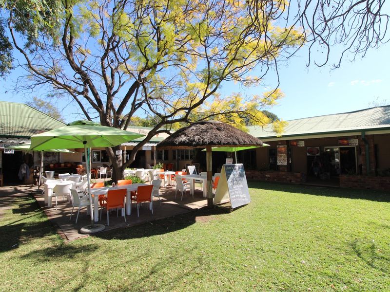 A spacious outdoor courtyard area featuring paved seating sections, established trees, and surrounding retail building facades with corrugated metal roofing.