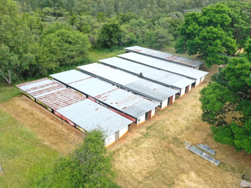 Aerial view of a large agricultural storage facility featuring multiple bays with corrugated metal roofing showing significant signs of weathering and rust.