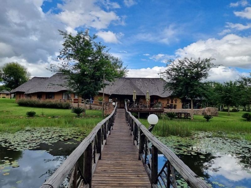 A scenic view of a farmhouse featuring a traditional thatched roof, accessible via a wooden footbridge spanning a tranquil pond.