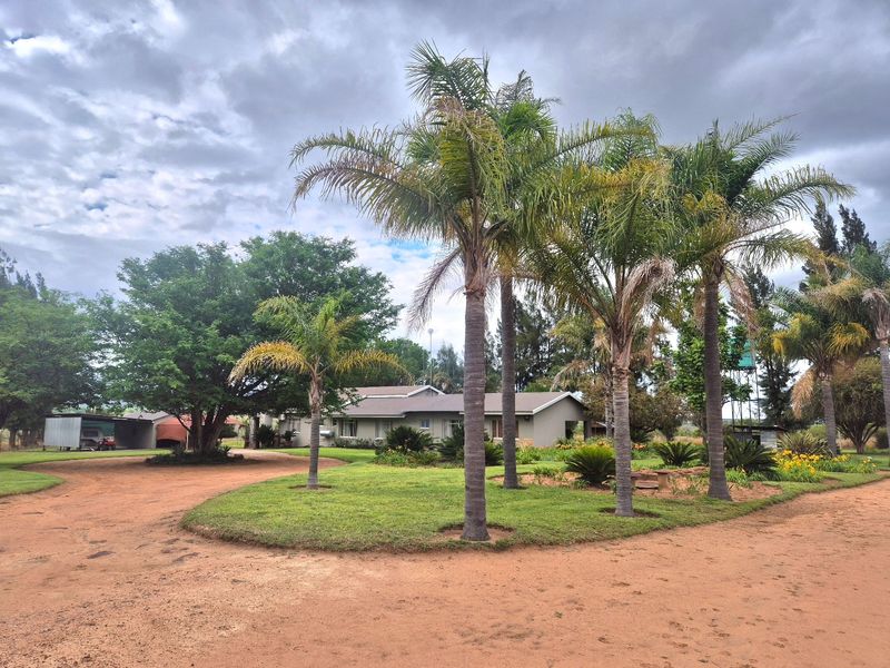 A view of the farm property featuring a landscaped garden with mature palm trees, a gravel driveway, and a carport structure.