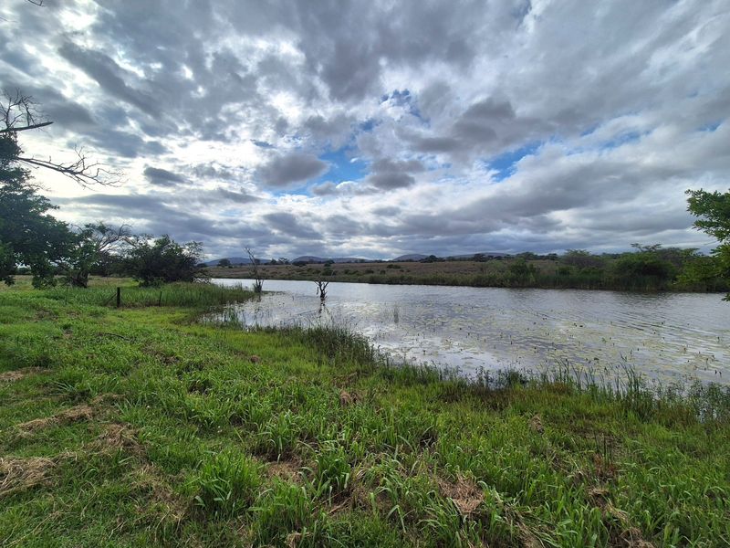 A scenic view of a natural dam and surrounding green pasture on the farm property under a cloudy sky.