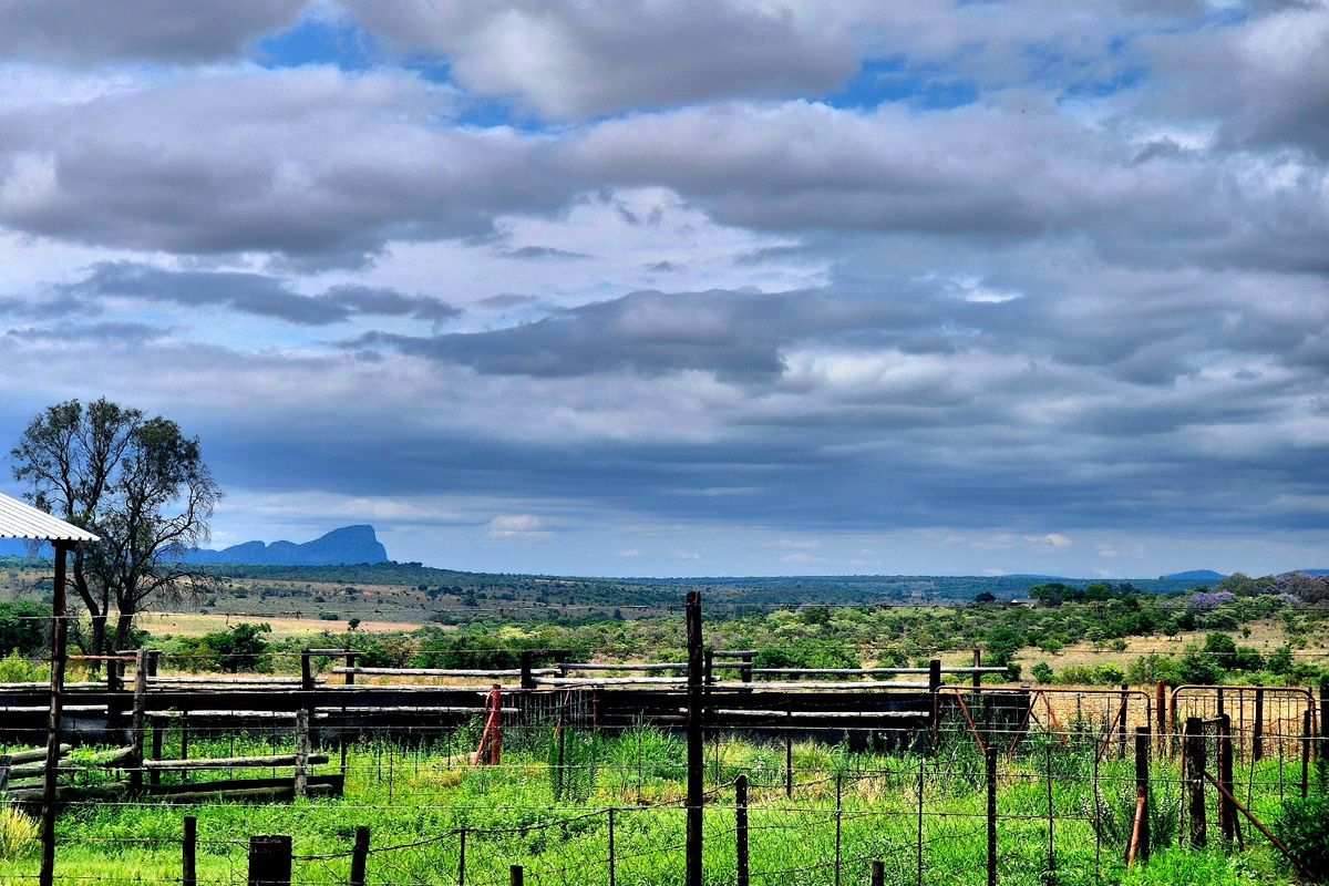 Expansive rural landscape view featuring traditional livestock handling facilities and wire fencing under a dramatic cloudy sky.