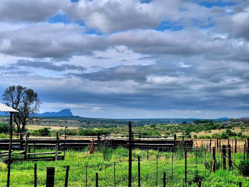 Expansive rural landscape view featuring traditional livestock handling facilities and wire fencing under a dramatic cloudy sky.